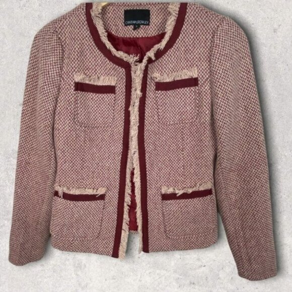 Cynthia Rowley Tweed Blazer Jacket Red Size Small Retro Fringe Bohemian Knit S - Picture 15 of 15